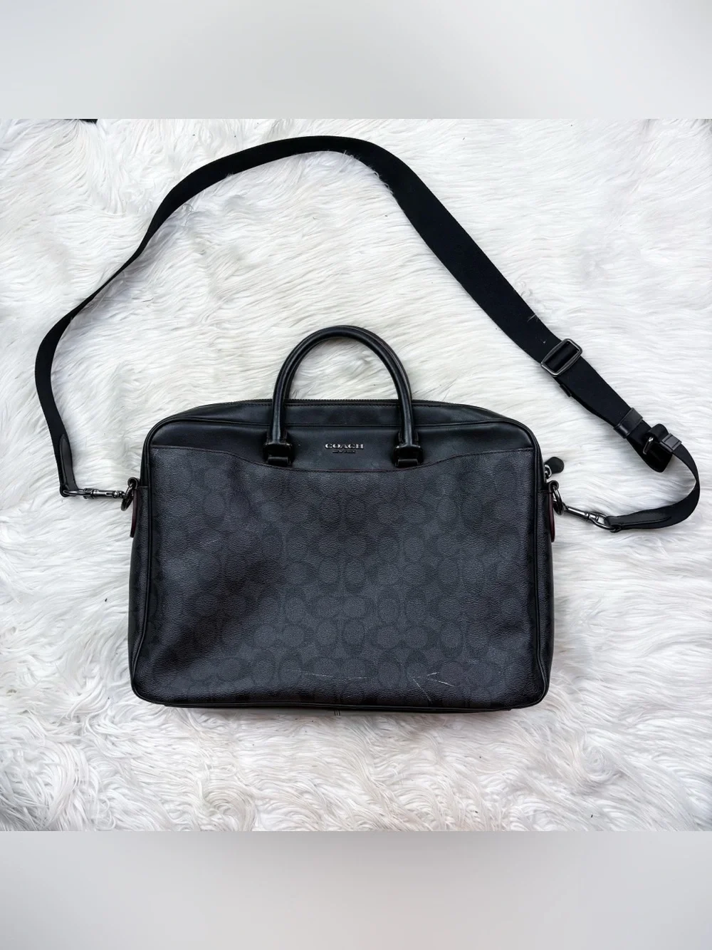 Coach Beckett Slim Brief Case Signature Coated Canvas Leather Brown Black Mens